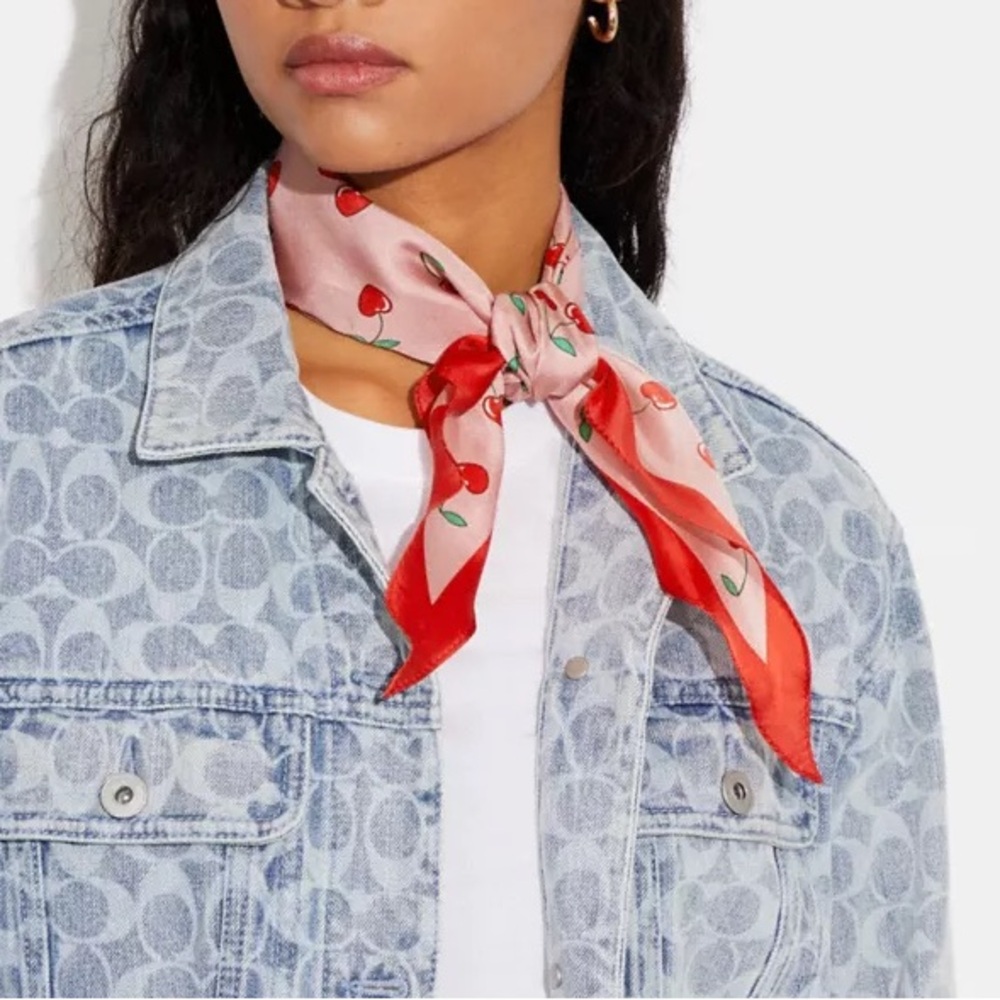 Coach Pink Red Silk Diamond Scarf with Heart Cherry Print CE481 - Picture 3 of 6